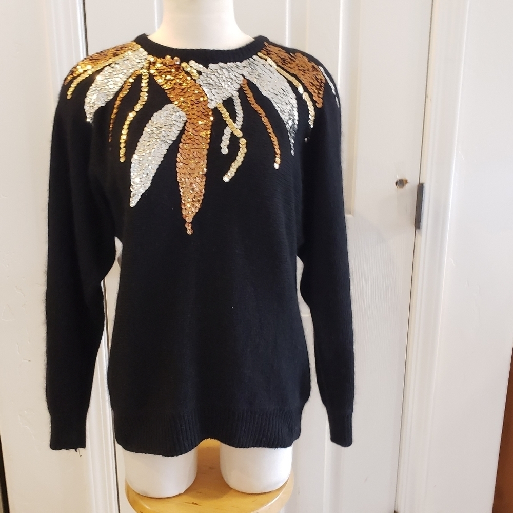 VINTAGE 80s Donagain Sweater Black Angora Silk, Wool, Sequins Size M